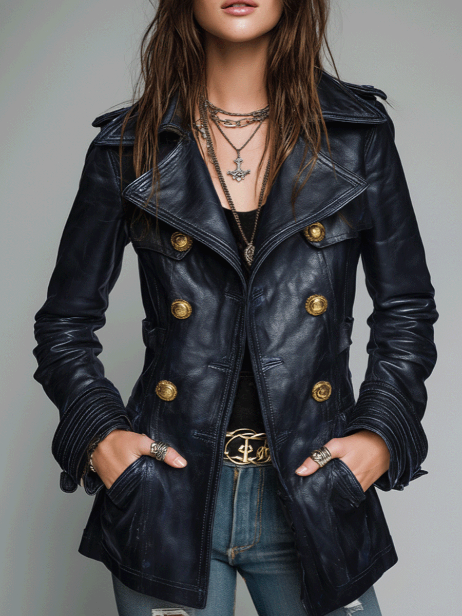 Vintage Black Double-Breasted Faux Leather Jacket