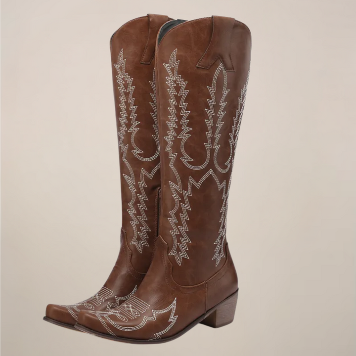 Women’s Western Knee-High Boots with Embroidered Detailing – Block Heel