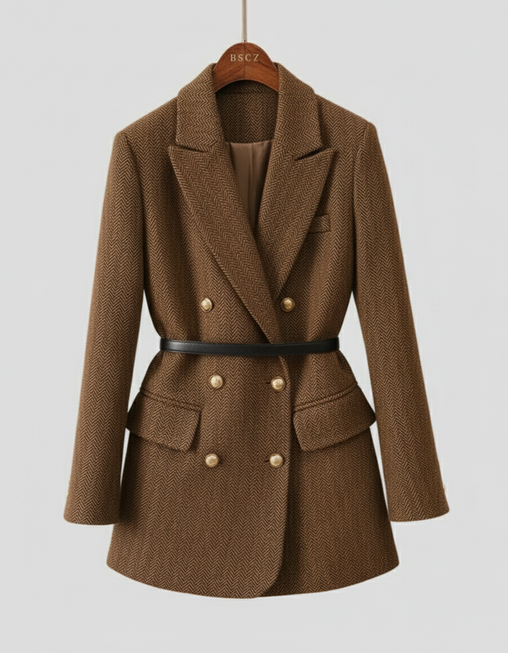 Women’s Double-Breasted Tweed Coat – Belted, Peak Lapel