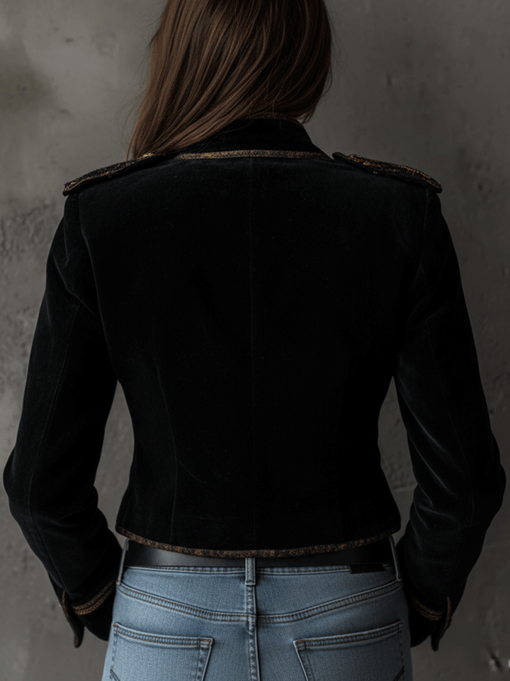 Retro Black Velvet Military Gold Button Detailing Blazer