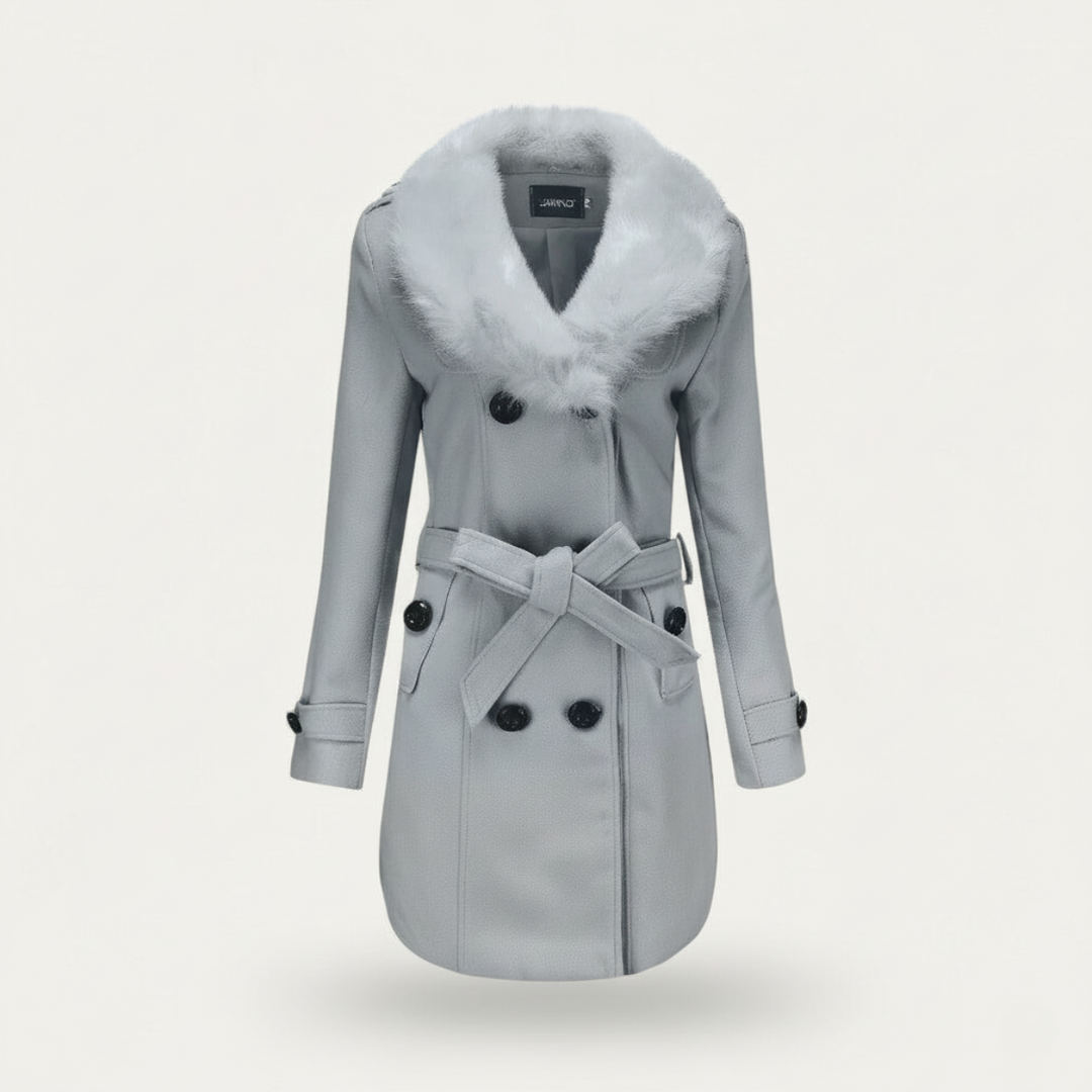 Women’s Double-Breasted Belted Trench Coat with Faux Fur Collar