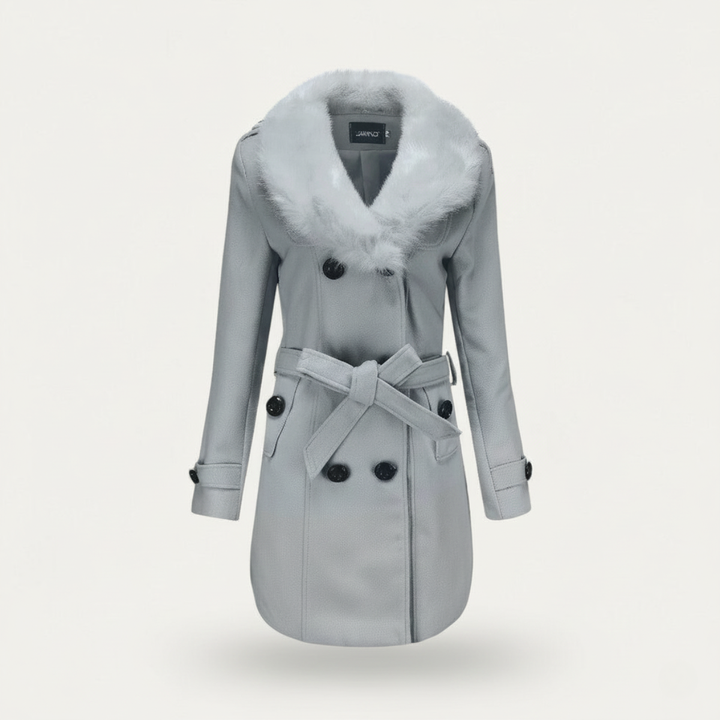 Women’s Double-Breasted Belted Trench Coat with Faux Fur Collar