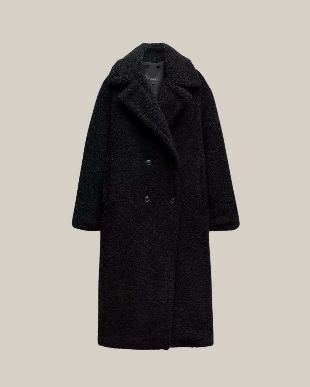 Women’s Long Teddy Coat – Double-Breasted Winter Outerwear with Lapel Collar