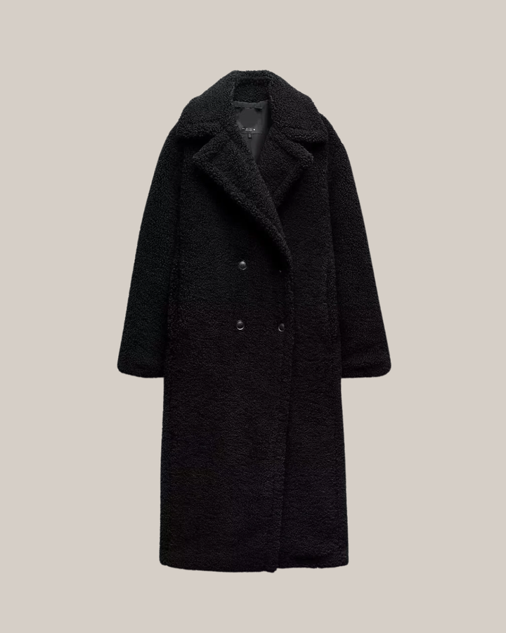 Women’s Long Teddy Coat – Double-Breasted Winter Outerwear with Lapel Collar