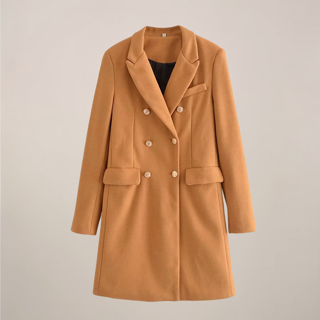 Women’s Camel Structured Peacoat – Double-Breasted with Gold Buttons