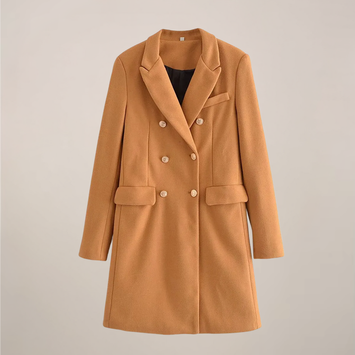 Women’s Camel Structured Peacoat – Double-Breasted with Gold Buttons