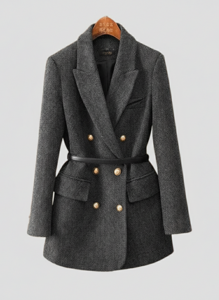 Women’s Double-Breasted Tweed Coat – Belted, Peak Lapel