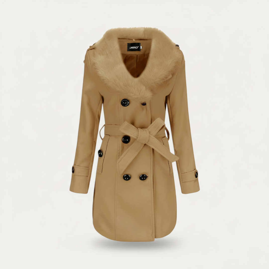Women’s Double-Breasted Belted Trench Coat with Faux Fur Collar