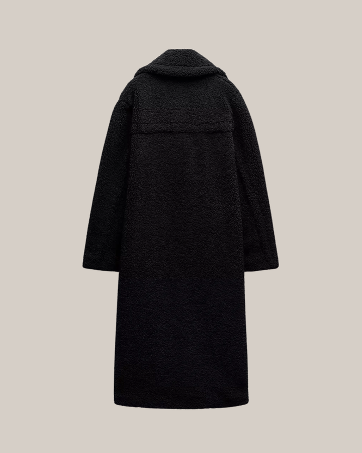Women’s Long Teddy Coat – Double-Breasted Winter Outerwear with Lapel Collar