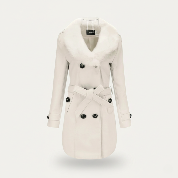 Women’s Double-Breasted Belted Trench Coat with Faux Fur Collar