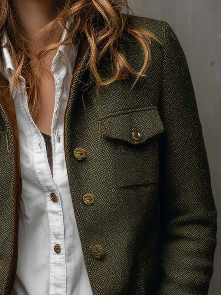 Vintage Herringbone Tweed Blazer With Velvet Trim
