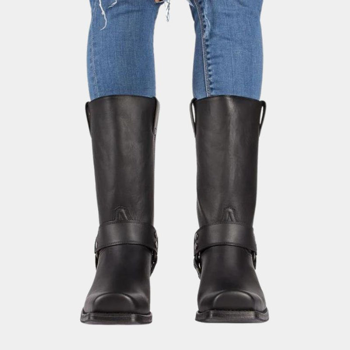 Women’s Vintage Cowboy Boots – Durable Western Harness Design with Classic Square Toe