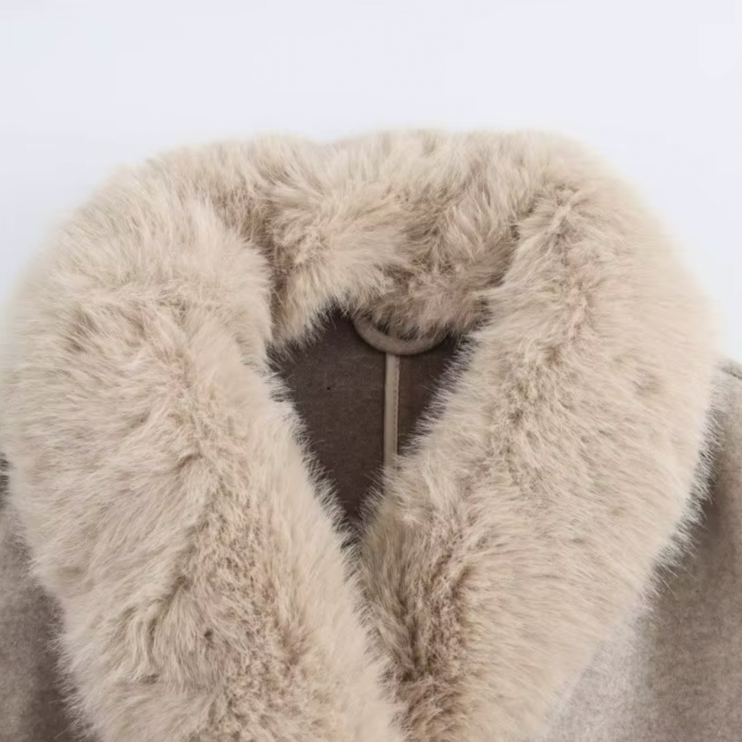 Women’s Beige Double-Breasted Trench Coat with Faux Fur Collar – Belted Longline Design