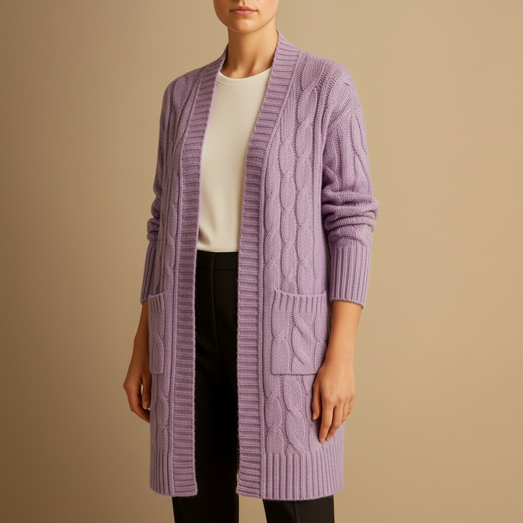 Women’s Cable Knit Long Cardigan – Open Front Design with Pockets