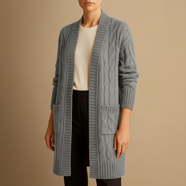 Women’s Cable Knit Long Cardigan – Open Front Design with Pockets