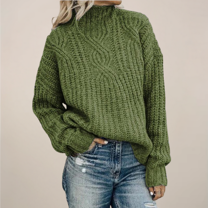 Women’s Cable Knit Sweater – Black, Mock Neck, Relaxed Fit