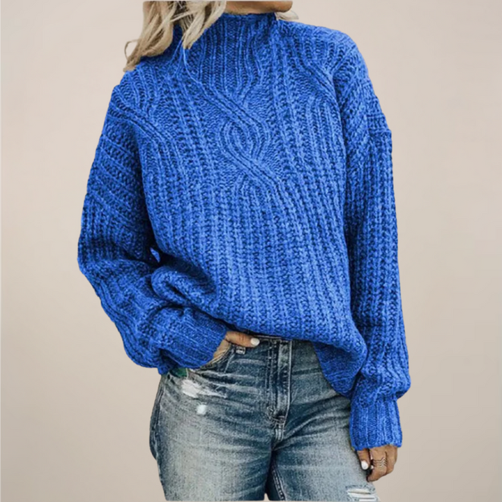 Women’s Cable Knit Sweater – Black, Mock Neck, Relaxed Fit