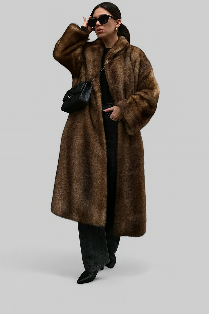 Women’s Dark Brown Long Faux Fur Coat – Luxe Winter Outerwear