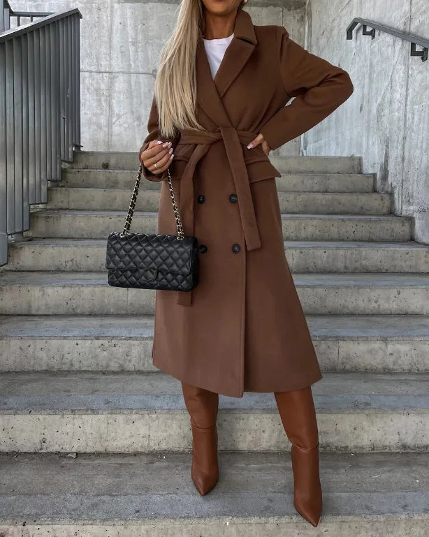 Women’s Long Double-Breasted Coat – Classic Belted Winter Overcoat