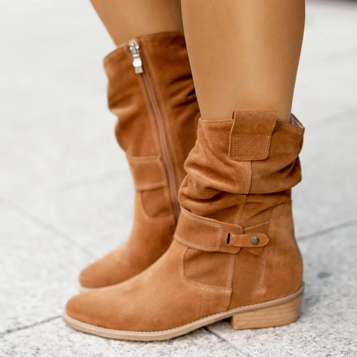 Women’s Mid-Calf Slouch Boots with Buckle Strap – Fall Casual Footwear
