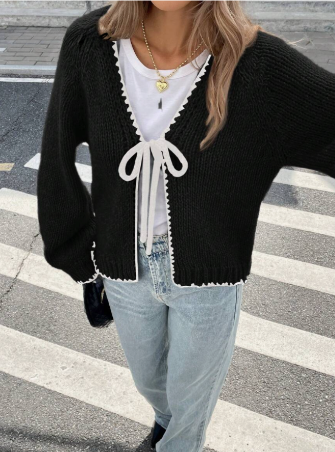 Women’s Tie-Front Cardigan – Cropped Knit Layer with Contrast Trim