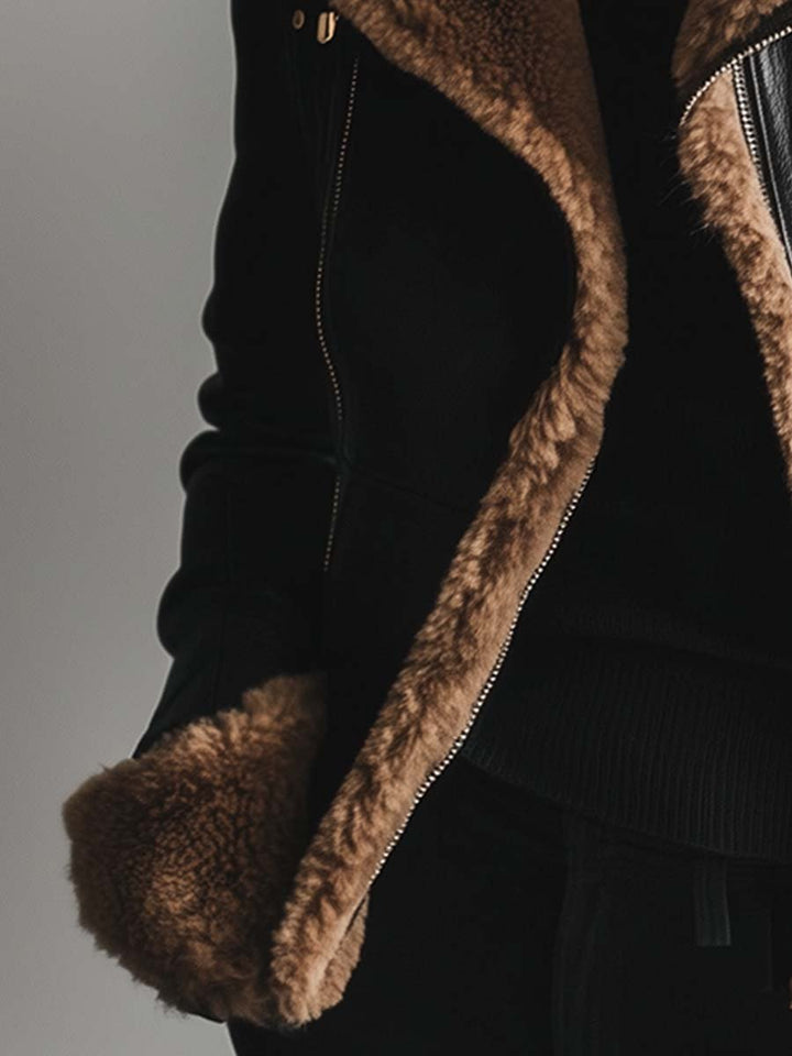 Women's Vintage Fur Collar Contrast Faux Leather Jacket